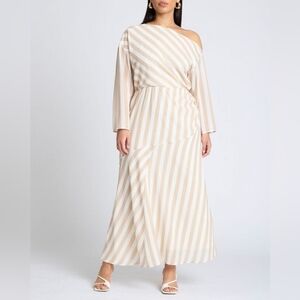 Eloquii Beige and White Striped Long Sleeve Dress
